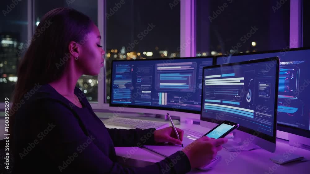 Poster focused african american software developer working with computer code and smartphone in dark office