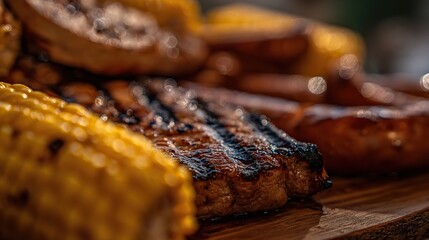 Sausages, corn on the cob, and steaks grilled outdoors in close-up, cooked over open fire with golden-brown texture, blurred background, soft focus, warm sunlight for inviting summer grilling.