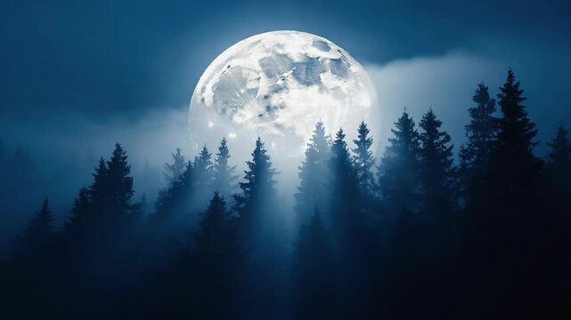 Bright full moon casting a soft glow over a mysterious foggy forest, with towering pine trees reaching into the night sky, creating a magical and surreal atmosphere filled with tranquility
