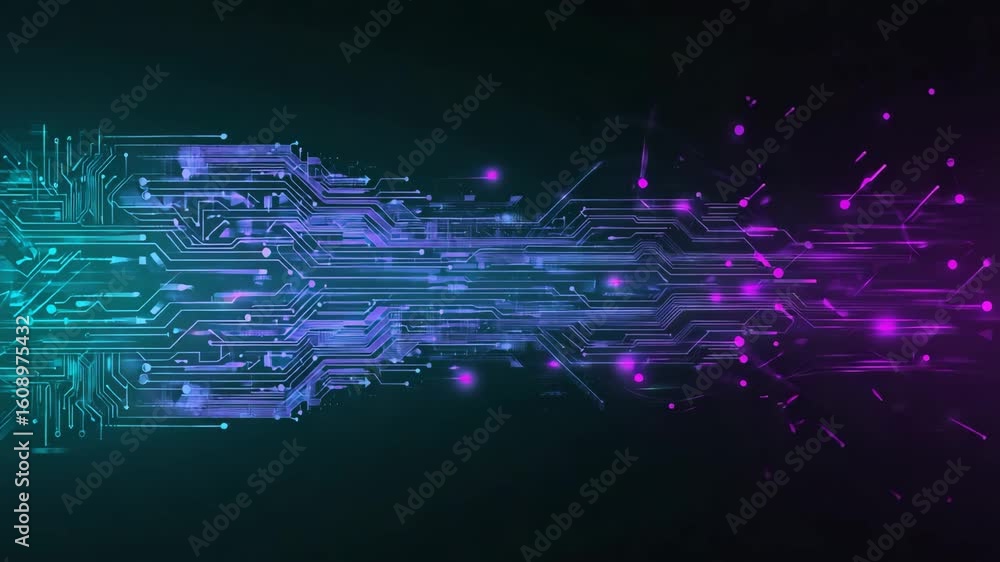 Poster complex electronic pathways and nodes pulsate with vibrant teal and magenta hues, creating a dynamic