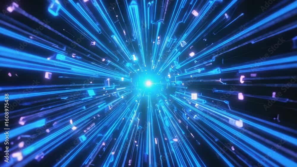 Poster glowing blue and purple data streams erupting from a bright core create an explosive, futuristic big
