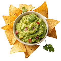 Delicious guacamole with tortilla chips and garnish ready to eat as a tasty and healthy appetizer