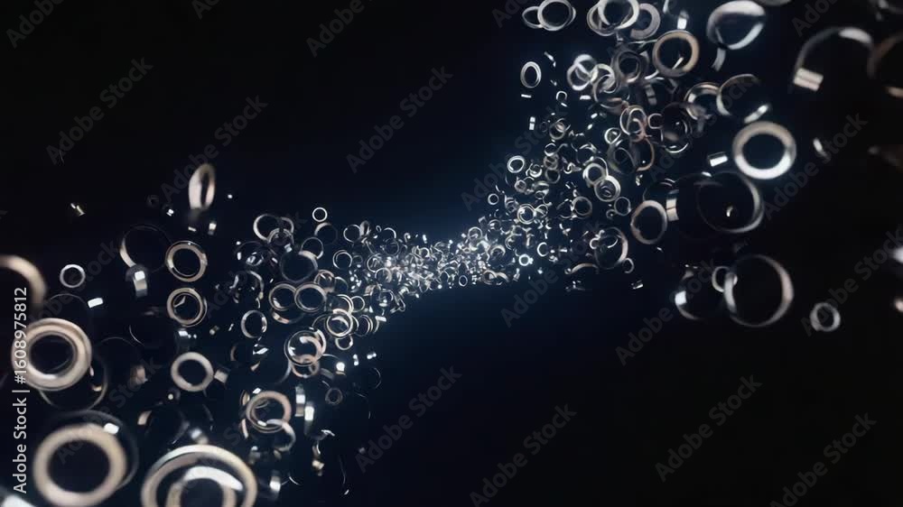 Poster rotating metallic silver rings create a mesmerizing tunnel effect against a black background, formin
