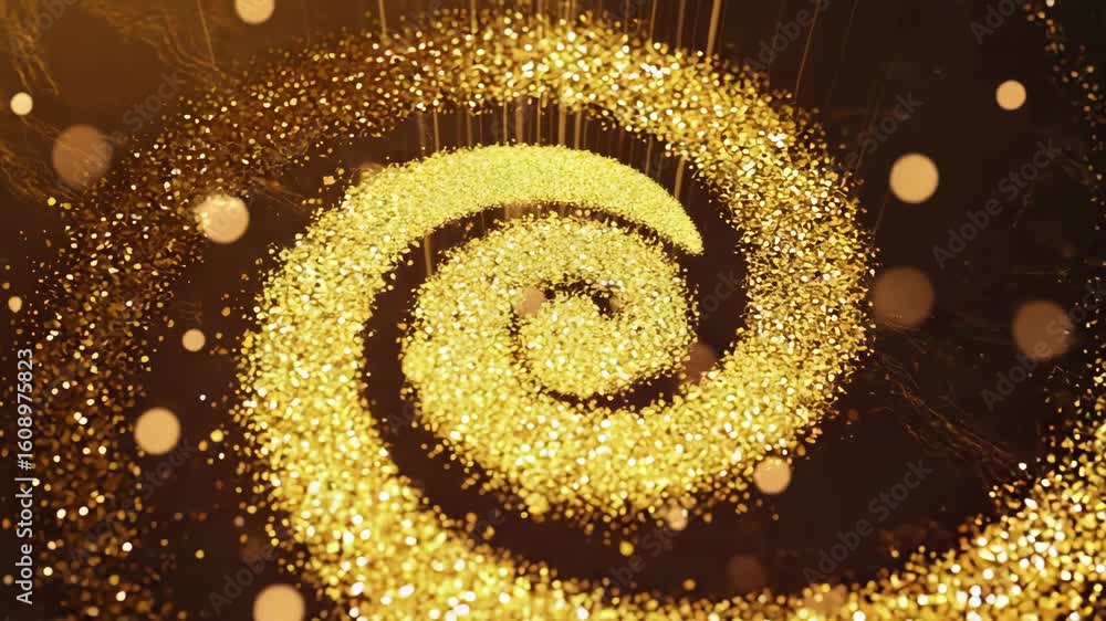Poster golden glitter particles swirling and forming a spiral galaxy shape with falling particles and bokeh