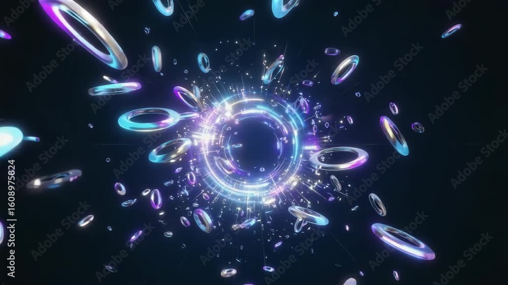 Poster bright neon circle exploding with metallic rings creates a vibrant and dynamic visual effect, ideal 