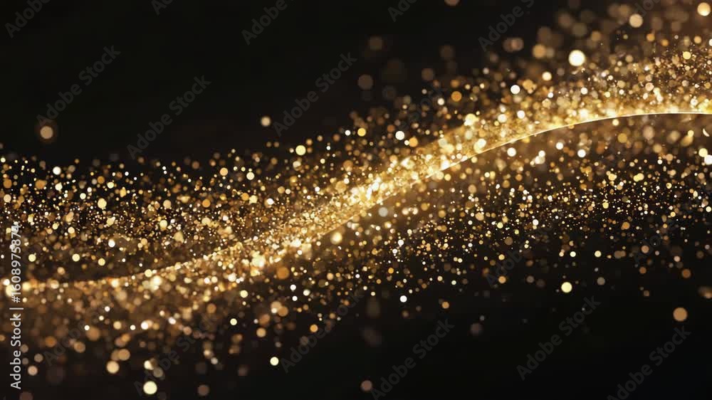 Poster golden particles flowing and swirling on a black background, creating an abstract and elegant animat