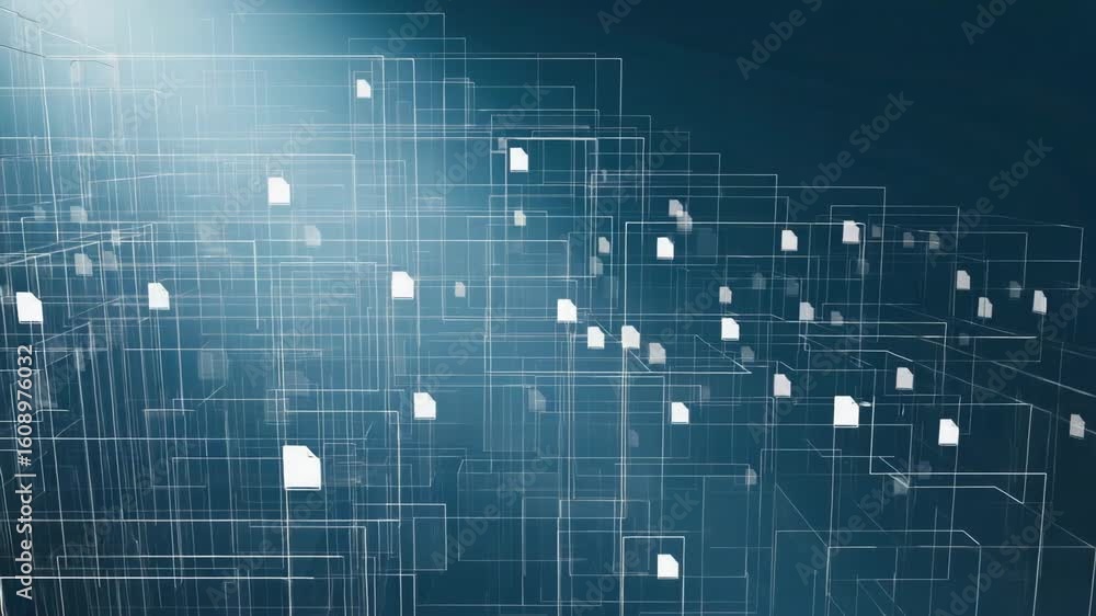 Poster white digital file icons are flowing and connecting through a complex network of futuristic transpar