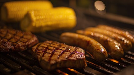 Sausages, corn on the cob, and steaks grilled outdoors in close-up, cooked over open fire with golden-brown texture, blurred background, soft focus, warm sunlight for inviting summer grilling.