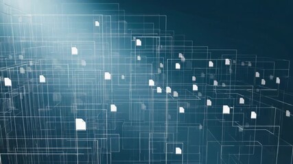 White digital file icons are flowing and connecting through a complex network of futuristic transparent cubes, creating a powerful visualization of data management and transfer in the digital age - Powered by Adobe