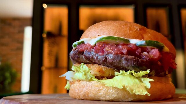 A juicy and tasty hamburger spins around in a fast food restaurant