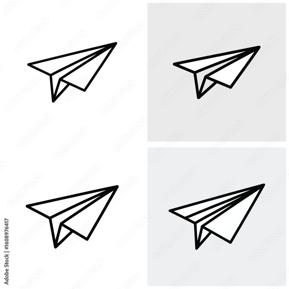 Poster four simple black line drawings of paper airplanes on white and gray squares backgrounds minimalist 