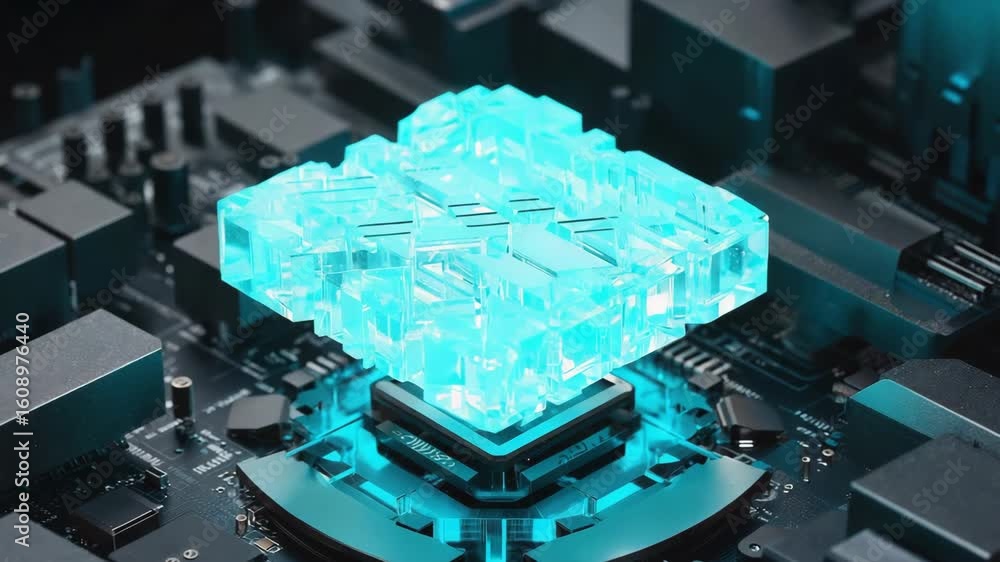 Poster complex glass structure hovering over a futuristic circuit board, emitting a mesmerizing blue glow, 