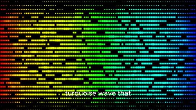 Dynamic digital data stream with vibrant rainbow colors pulsing on a dark futuristic grid background