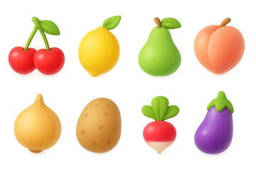 Fototapeta premium Set of colorful 3d fruits and vegetables with glossy style