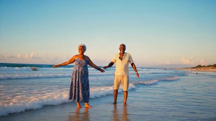 Senior couple raising arms and enjoying freedom on the beach at sunset, celebrating their retirement and life achievements with joy and happiness