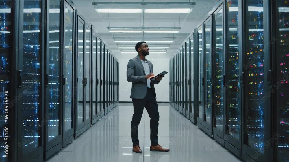 Poster it specialist using a tablet for managing network servers in a data center, ensuring efficient opera