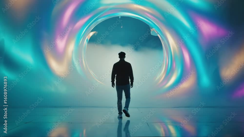 Poster man is entering a futuristic holographic portal to the metaverse, experiencing augmented reality in 