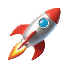 A colorful rocket ship soaring through space with blue window and fiery tail against dark backdrop