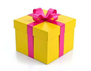 Obraz premium Vibrant yellow gift box adorned with a charming pink ribbon and bow festive presentation