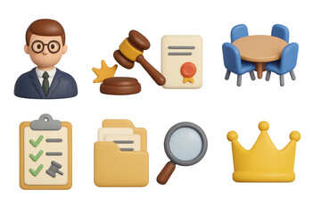 3d legal and office icons set with businessman and crown