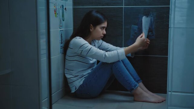 Depressed teenager reading a suicide note while sitting on the bathroom floor, suffering from loneliness and depression, mental health issues