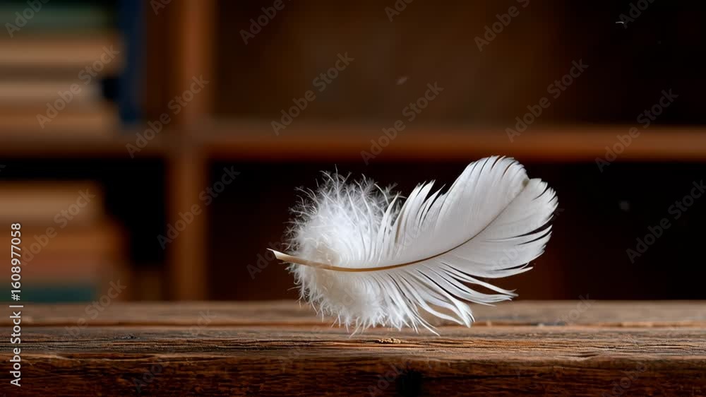 Poster delicate white feather gently resting on a rustic wooden surface, surrounded by a softly blurred bac