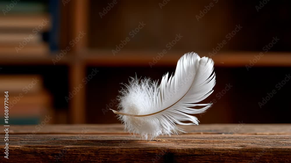 Poster delicate white feather gently resting on rustic wooden surface, showcasing intricate details and sof
