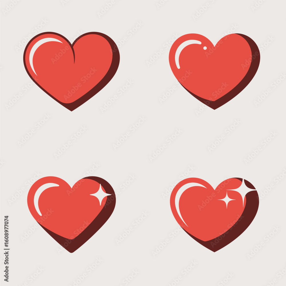 Poster four variations of a red heart icon illustration different styles and shading simple flat design ele