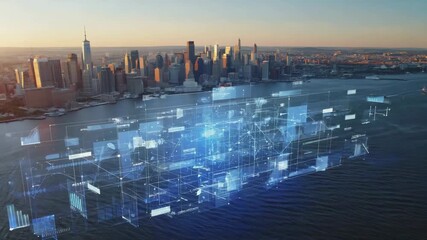 Futuristic digital hologram showing big data analysis, artificial intelligence and cloud computing processing information over new york city skyline at sunset - Powered by Adobe