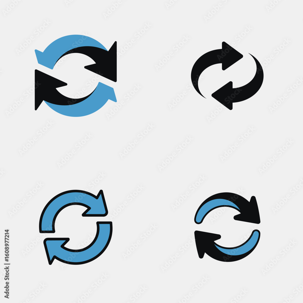 Poster four variations of circular intertwined arrows icon set blue and black color palette digital asset g