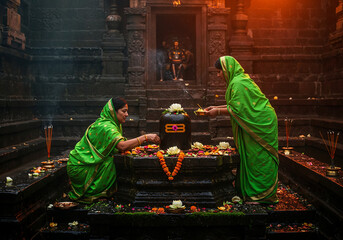 Woman in Green Saree Offering Bilva Leaves and Lotus on Shiva Lingam Amid Rain-Kissed Temple Steps