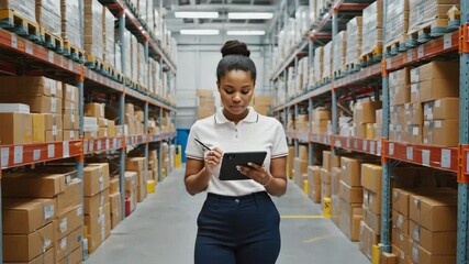 Young warehouse manager using a digital tablet and pen while walking through a distribution center, inspecting inventory of cardboard boxes ready for shipment - Powered by Adobe