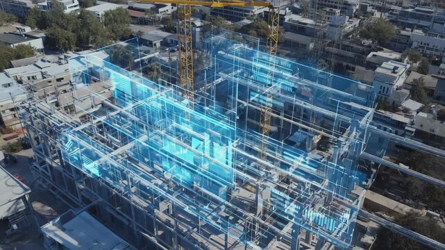 Building information modeling system analyzing steel frame construction progress with data collecting and processing during building process, increasing efficiency and productivity