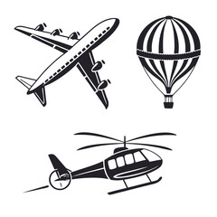 Airplane helicopter hot air balloon icons aviation transport