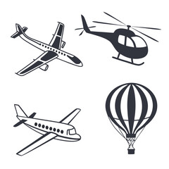 Airplane helicopter hot air balloon icons aviation travel