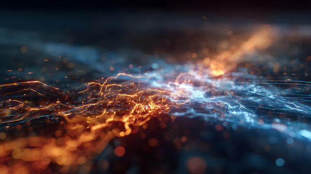 Holographic Howitzer in a Neon-Lit Digital Realm: A Symbiotic Dance of Blue and Orange