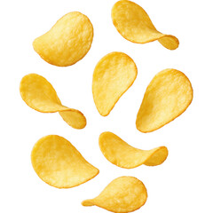 Scattered potato chips on a black background isolated transparent background