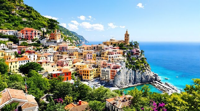 Vibrant Italian coastal village perched on cliffs overlooking sparkling turquoise sea