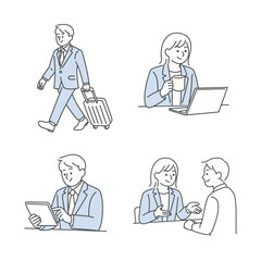 ビジネスシーンでの移動・会話・作業のイラストセット