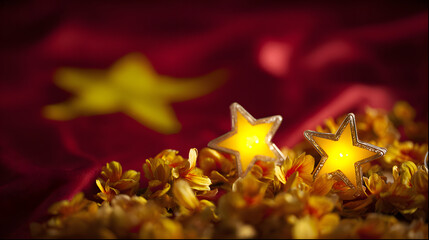 Golden star lanterns glowing against red silk, with scattered chrysanthemum petals for a festive touch.