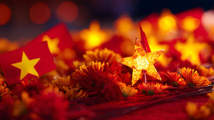 Golden star lanterns glowing against red silk, with scattered chrysanthemum petals for a festive touch.