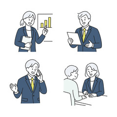 ビジネスパーソンのプレゼン・商談・電話対応のイラストセット