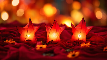Golden star lanterns glowing against red silk, with scattered chrysanthemum petals for a festive touch.