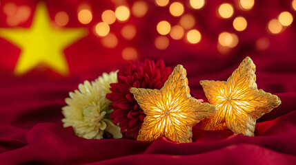 Golden star lanterns glowing against red silk, with scattered chrysanthemum petals for a festive touch.