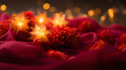 Golden star lanterns glowing against red silk, with scattered chrysanthemum petals for a festive touch.