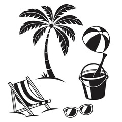 Black summer beach icons palm tree beach chair ball bucket sunglasses beach ball