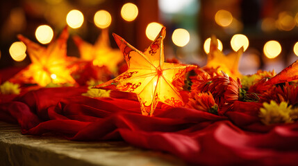Golden star lanterns glowing against red silk, with scattered chrysanthemum petals for a festive touch.