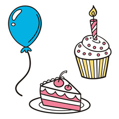 Blue balloon pink cupcake and cherry cake slice birthday celebration