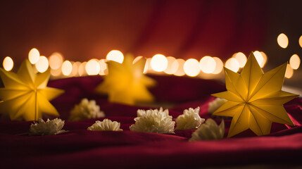 Golden star lanterns glowing against red silk, with scattered chrysanthemum petals for a festive touch.