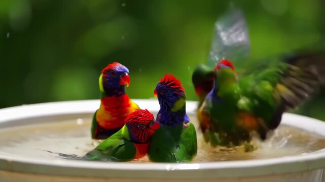 Rainbow Lorikeets Splashing and Bathing Together in a Birdbath on a Sunny Day